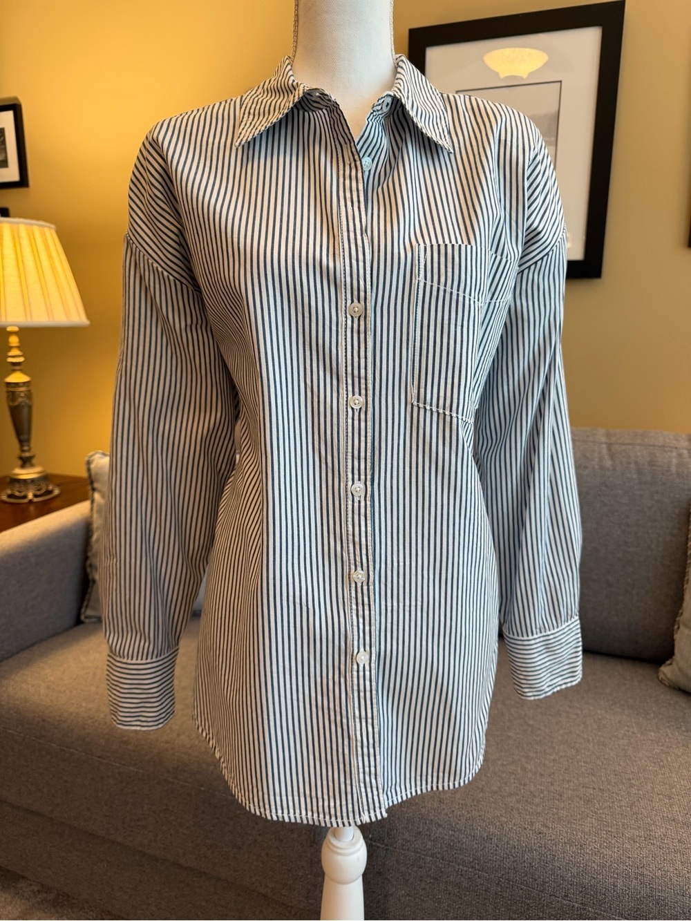 Maeve Blue and White Vertical Stripe Button-Up Boyfriend Shirt/Dress